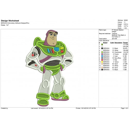 Buzz Lightyear Toy Story Filled Embroidery Design