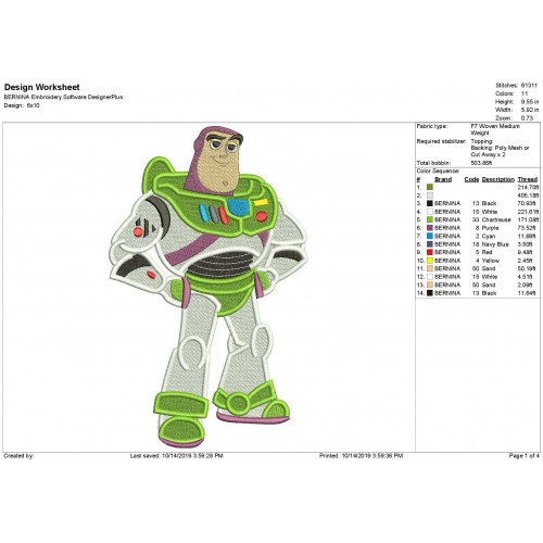 Buzz Lightyear Toy Story Filled Embroidery Design