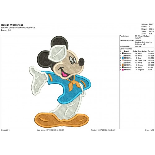 Captain Mickey Mouse Disney Cruise Filled Stitch Embroidery Design