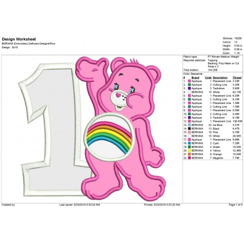 Care Bear Cheer Bear Number 1 Applique Design