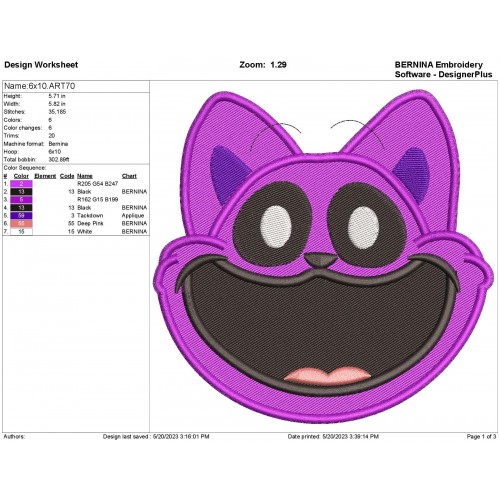 CatNap Head Filled Embroidery Design