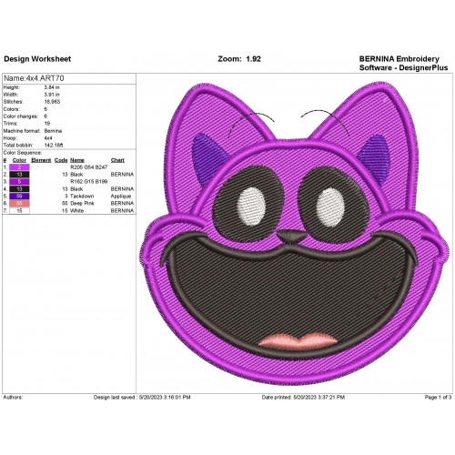 CatNap Head Filled Embroidery Design