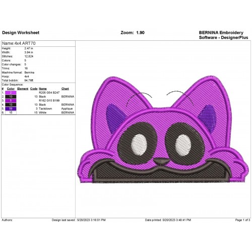 CatNap Peeker Filled Embroidery Design