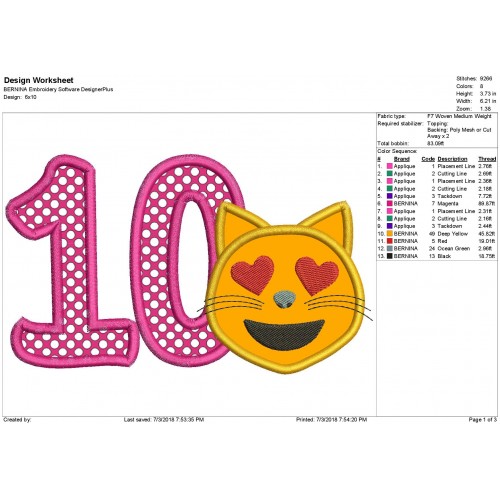 Cat Emoji with a Number 10 Applique Design