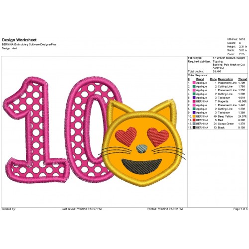 Cat Emoji with a Number 10 Applique Design