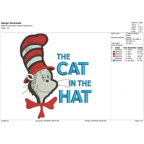 Cat in the Hat Dr Seuss Filled Embroidery Design