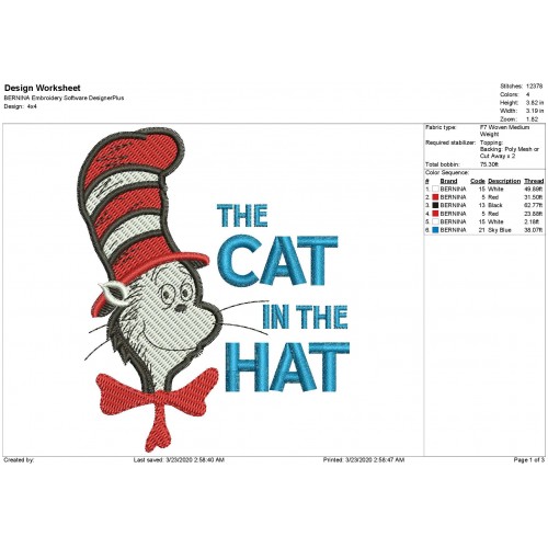 Cat in the Hat Dr Seuss Filled Embroidery Design