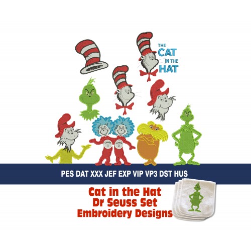 Cat in the Hat Dr Seuss Set Filled Embroidery Designs