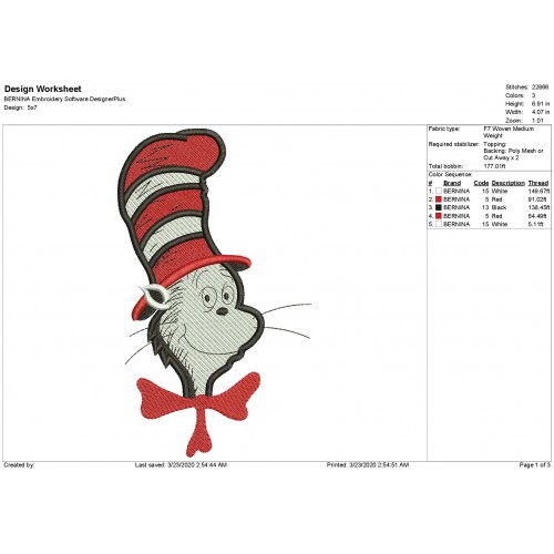 Cat in the Hat Filled Embroidery Design