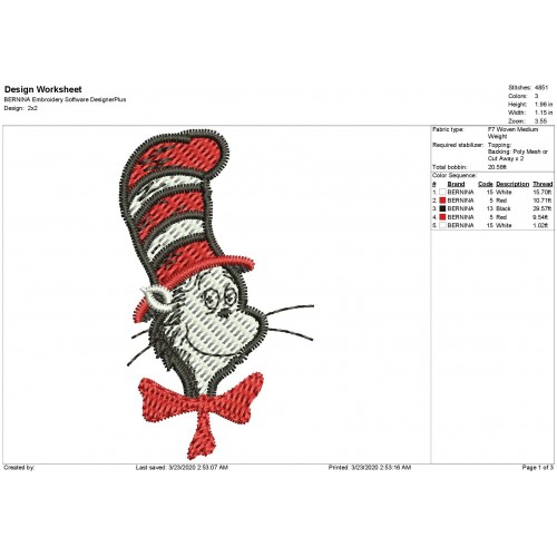 Cat in the Hat Filled Embroidery Design