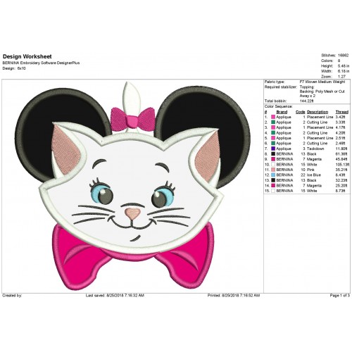 Character Inspired Marie Cat Embroidery Applique Design