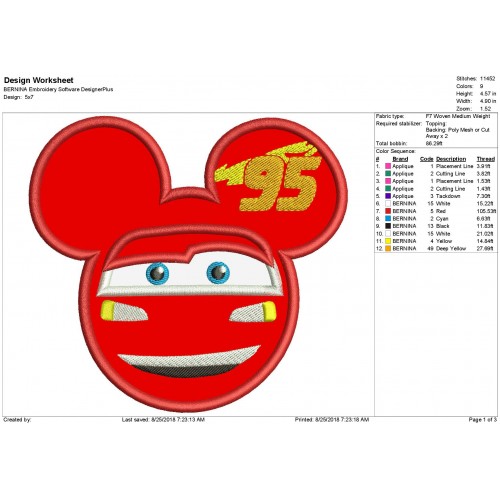 Character Inspired McQueen Cars Embroidery Applique Design