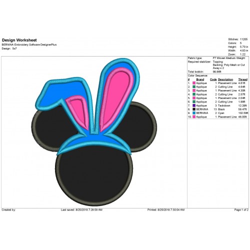 Character Inspired Mickey Bunny Ears Embroidery Applique Design