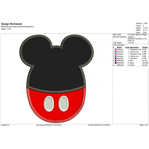 Character Inspired Mickey Head Embroidery Applique Design