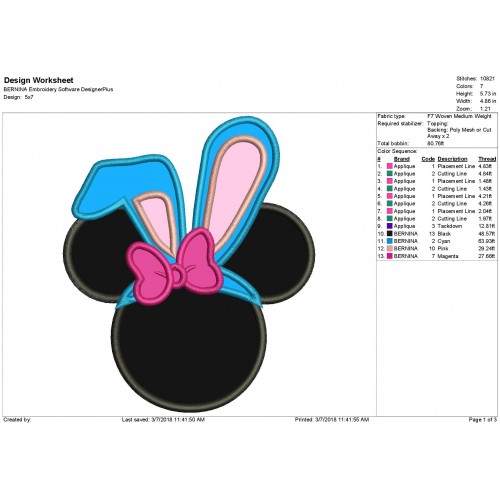 Character Inspired Minnie Bunny Ears Embroidery Applique Design