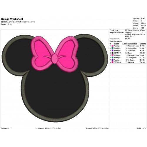 Character Inspired Minnie Mouse Embroidery Applique Design