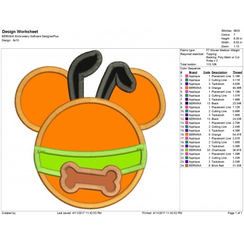 Character Inspired Pluto Disney Embroidery Applique Design