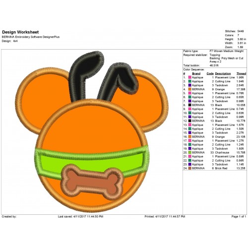 Character Inspired Pluto Disney Embroidery Applique Design
