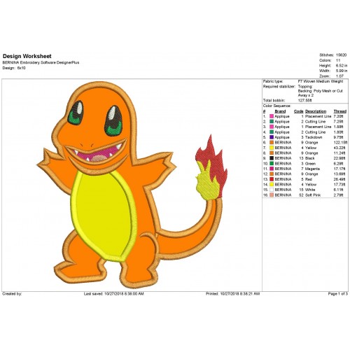 Charamander Pokemon Applique Design