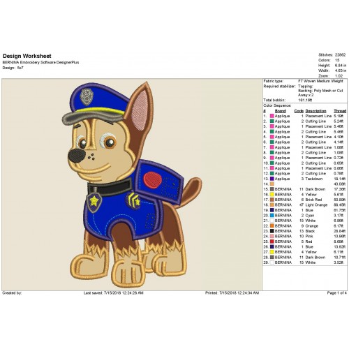 Chase Paw Patrol Applique Design