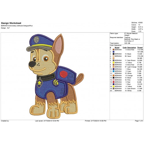 Chase Paw Patrol Filled Stitch Embroidery Design