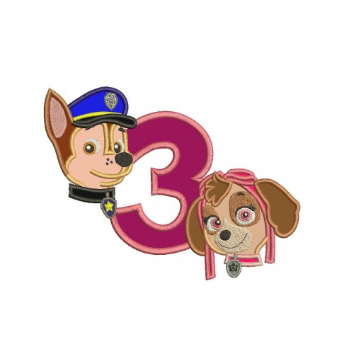 Chase Paw Patrol and Skye Third Birthday Applique Design