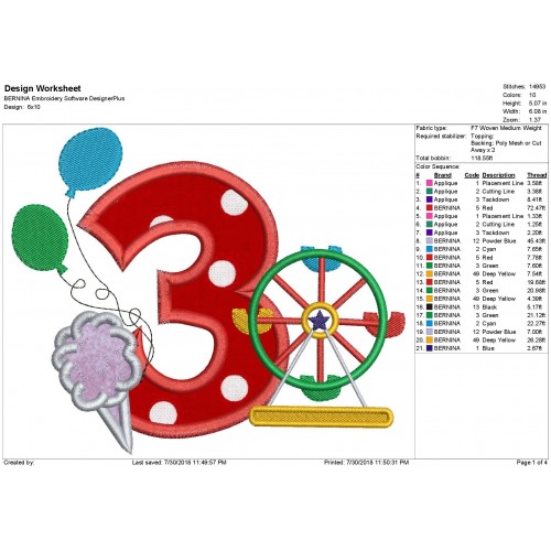 Circus Carnival 3rd Birthday Applique Design