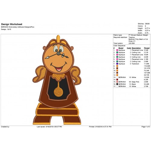 Cogsworth Beauty and the Beast Applique Design