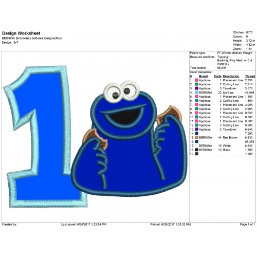 Cookie Monster 1st Birthday Applique Design