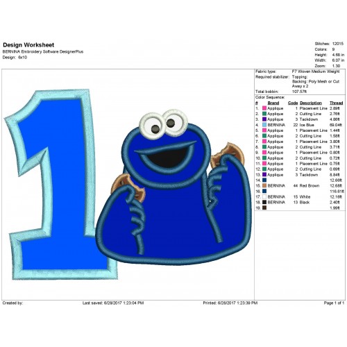 Cookie Monster 1st Birthday Applique Design