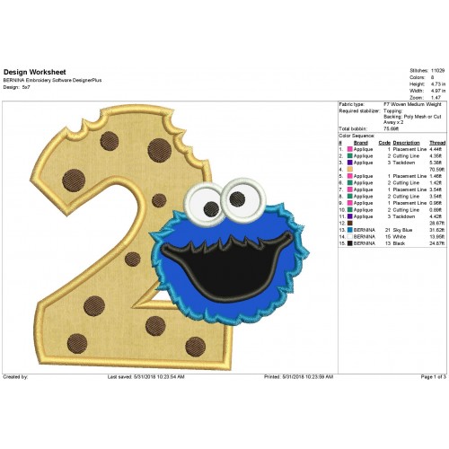 Cookie Monster 2nd Birthday Applique Design