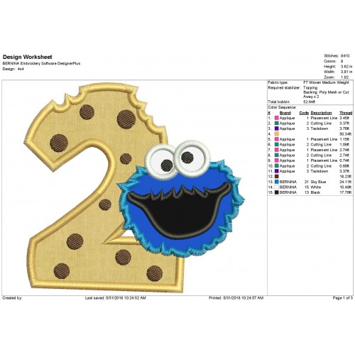 Cookie Monster 2nd Birthday Applique Design