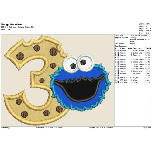 Cookie Monster 3rd Birthday Applique Design