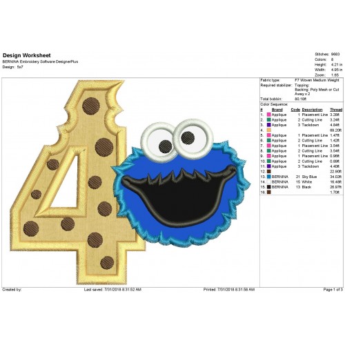 Cookie Monster 4th Birthday Applique Design