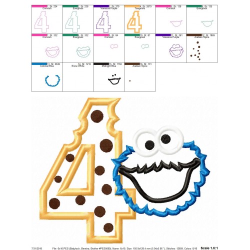 Cookie Monster 4th Birthday Applique Design