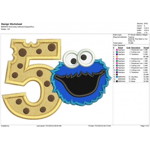 Cookie Monster 5th Birthday Applique Design