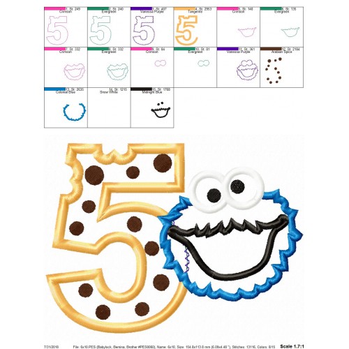 Cookie Monster 5th Birthday Applique Design