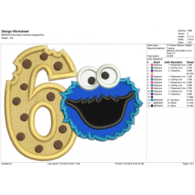 Cookie Monster 6th Birthday Applique Design