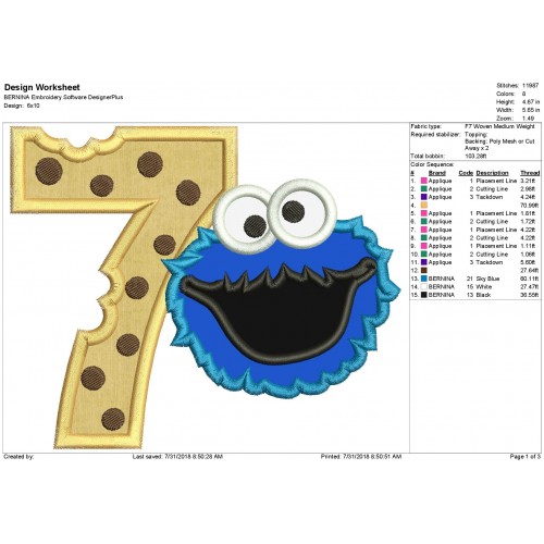 Cookie Monster 7th Birthday Applique Design