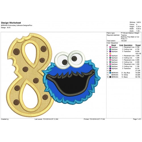 Cookie Monster 8th Birthday Applique Design