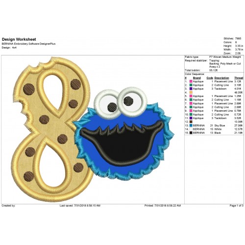 Cookie Monster 8th Birthday Applique Design