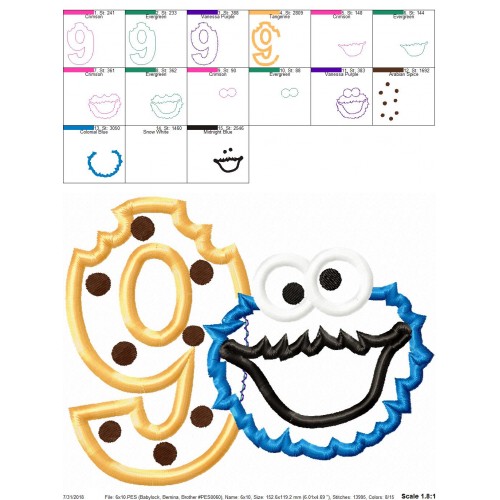 Cookie Monster 9th Birthday Applique Design