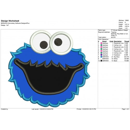 Cookie Monster Applique Machine Embroidery Design