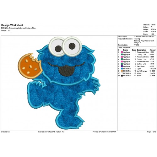 Cookie Monster Baby Applique Design