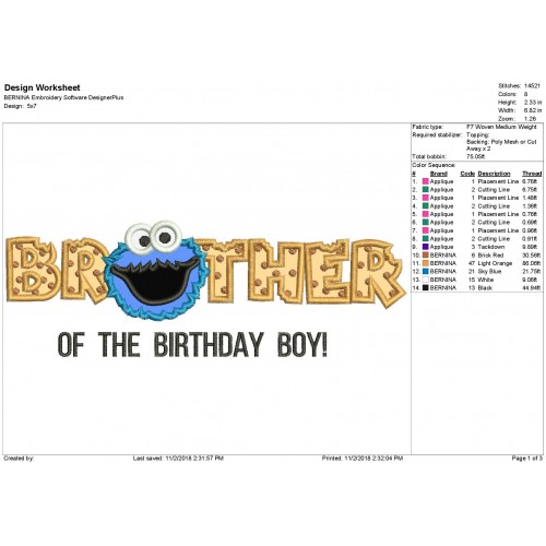 Cookie Monster Brother Birthday Applique Design