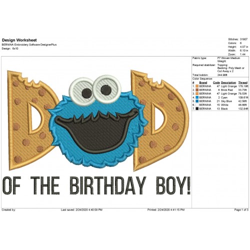 Cookie Monster Dad Filled Stitch Embroidery Design