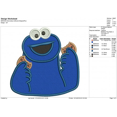 Cookie Monster Disney Fill Stitch Embroidery Design