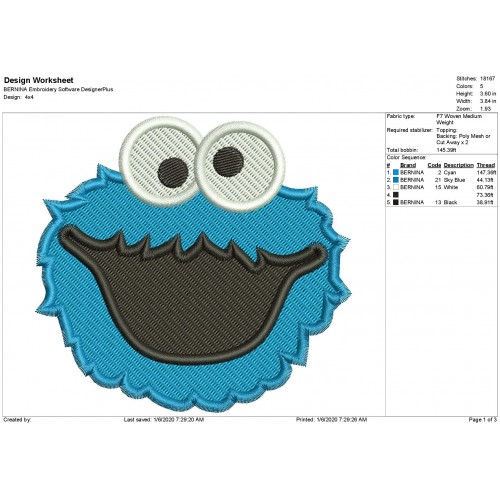 Cookie Monster Face Fill Stitch Embroidery Design