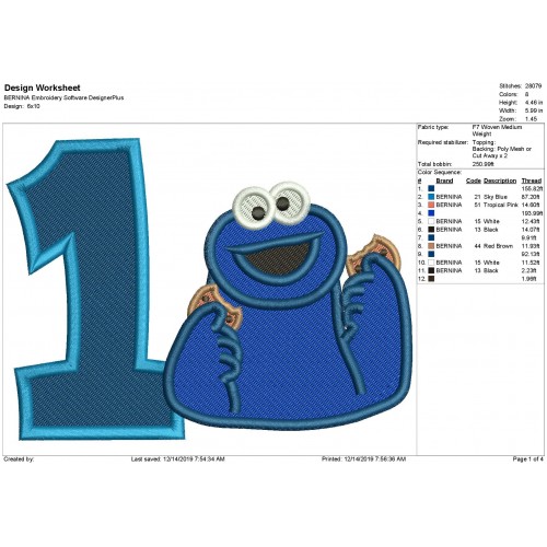 Cookie Monster Number 1 Fill Stitch Embroidery Design