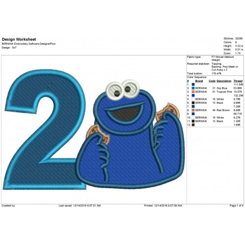 Cookie Monster Number 2 Fill Stitch Embroidery Design